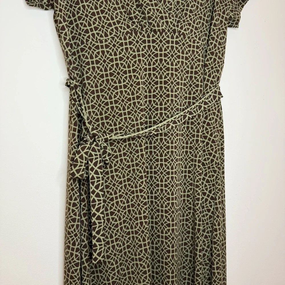 NWT JOHNPAULRICHARD Surplice Top Belted Fit and Flare Geometric Print Midi Dress